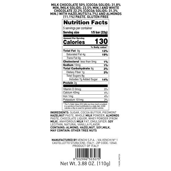 Venchi - Cremino 1878 bar Chocolate Bar - 110g (3.88 oz)