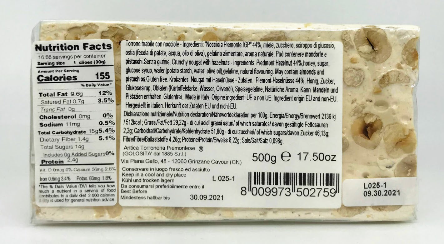 Antica Torroneria Piemontese - Torrone Hazelnut Block - 500g (17.5 oz)