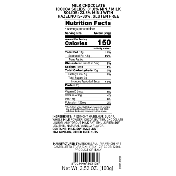 Venchi - Cioccolato Al Latte Con Nocciole - 100g (3.52 oz)