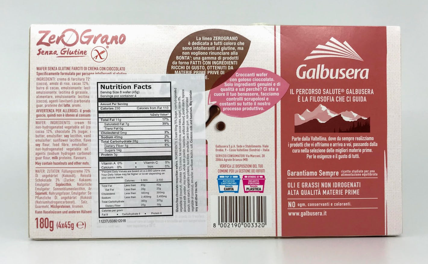Galbusera - Zero Grano -  Senza Glutine - Chocolate Wafers - 180g (6.3oz)