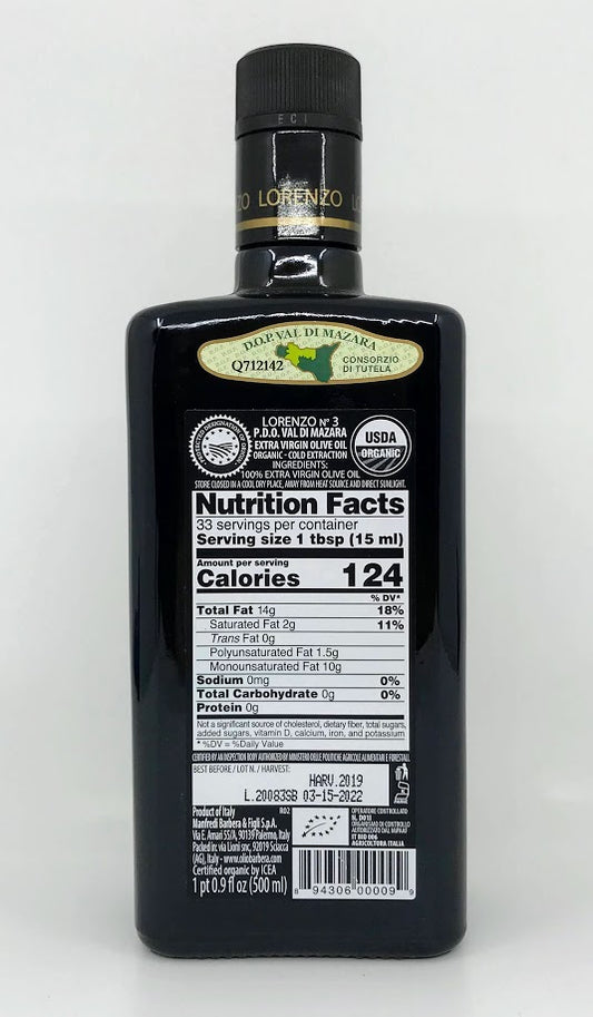 Barbera - Lorenzo #3 - Organic Extra Virgin Olive Oil - 500ml (16.9 fl oz)