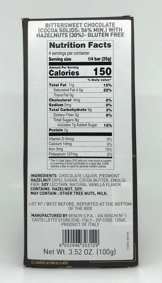 Venchi - Piemonte Nocciolata Dark Chocolate - 100g (3.52 oz)