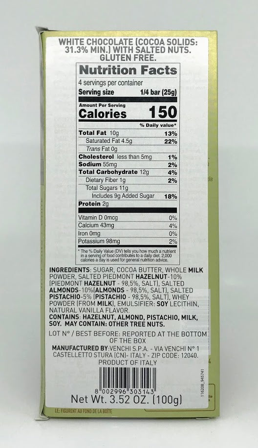 Venchi - Pistacchi e Mandorle Salate - Cioccolata  Bianca - 100g (3.52 oz)
