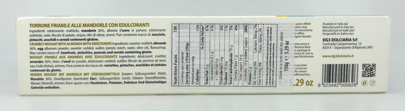 Di Gennaro - Torrone Mandorla - Senza Zucchero - 150g (5.29 oz)