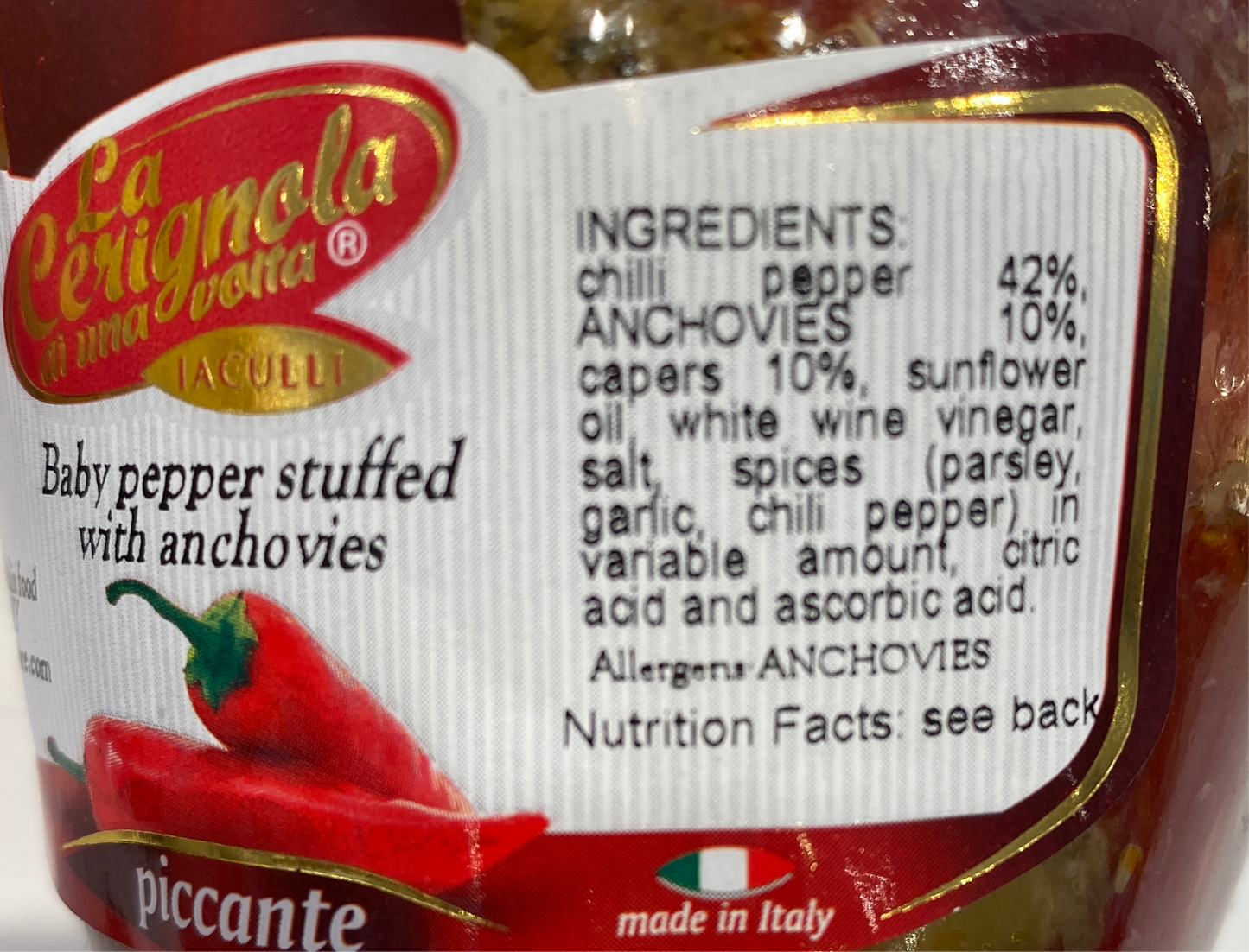 La Cerignola - Baby Spicy Peppers Stuffed With Anchovies (Piccante) - 10.23 oz