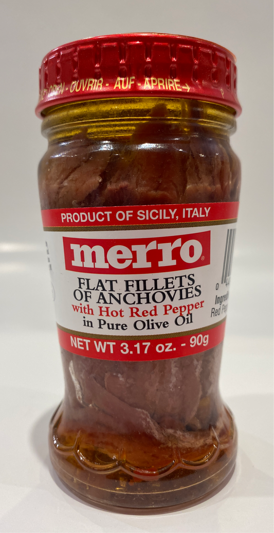 Merro - Flat Filetts Of Anchovies With HOT Red Pepper - 90g (3.17 oz)