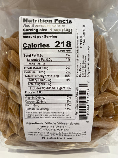 La Fabbrica Della Pasta Le Specialita` - Whole Wheat Penne Rigate - 17.6 oz