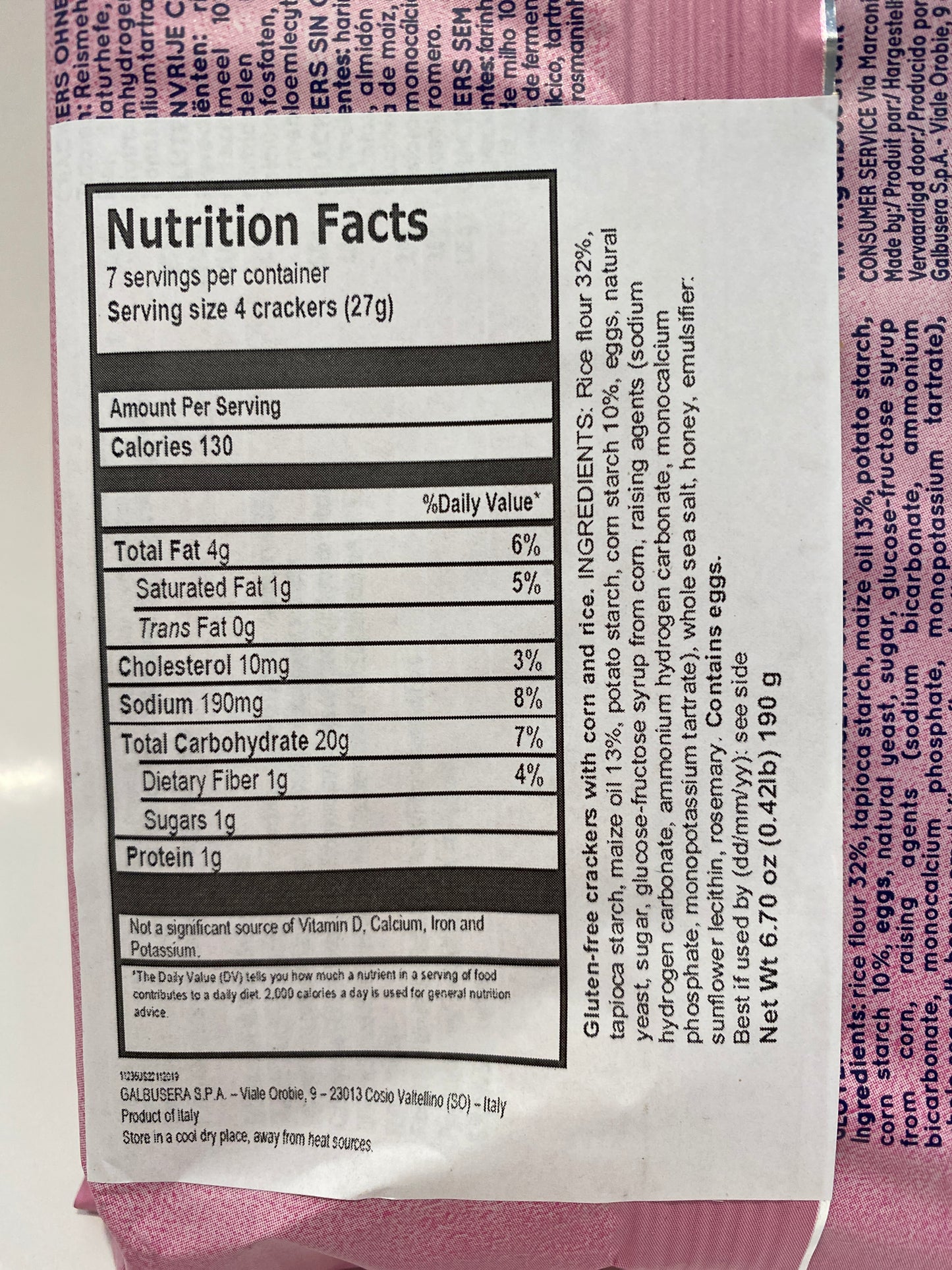 Galbusera - Zero Gluten Crackers with Rice & Corn - 6.7 oz