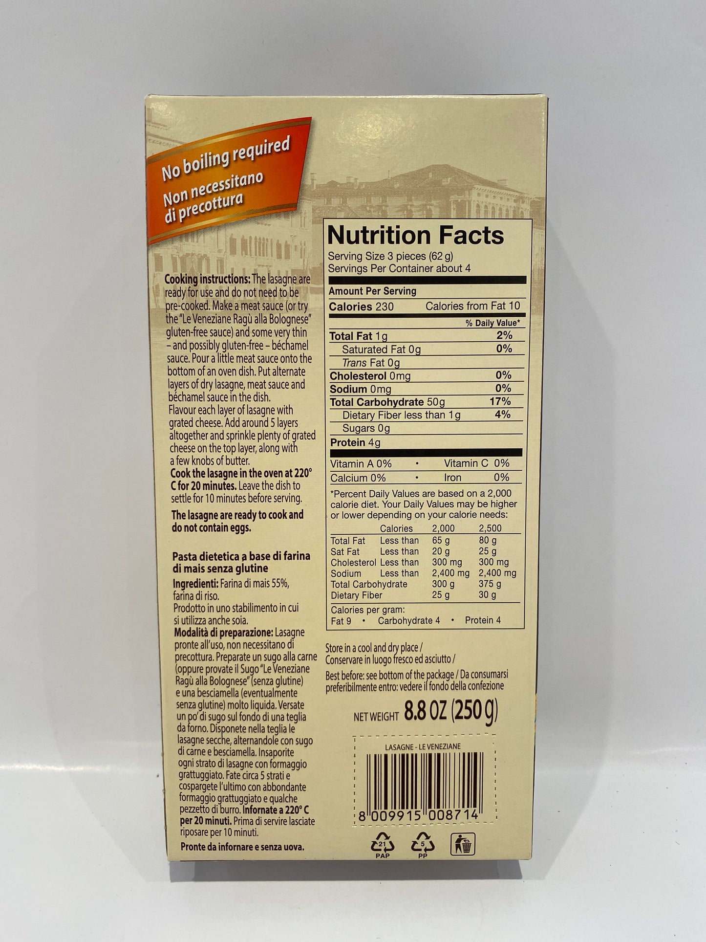 Le Veneziane - Lasagna Corn and Rice Pasta (Gluten Free) - 8.8 oz